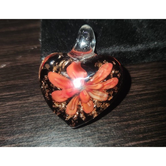 Art Glass Orange & Rose Gold Flower Heart Pendant - Picture 1 of 9
